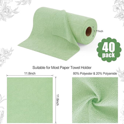 Homaxy Tear Away Dish Cloths Rolls, 40 Sheets-11.8" X 11.8", Reusable Washable Dish Towels for Kitchen, Ultra Absorbent and Quick Drying Microfiber Cleaning Rags, Green