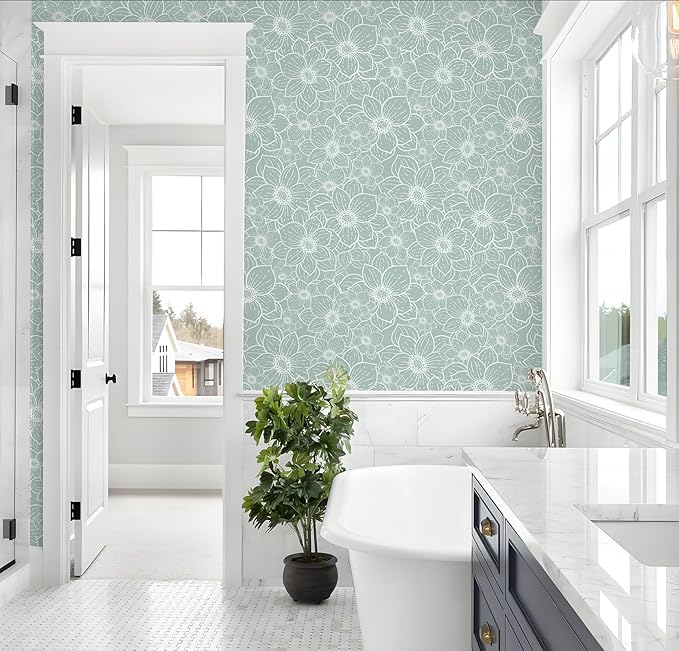 Guvana Peel and Stick Wallpaper Floral Wall Paper Boho Grayish Green and White Removable Self Adhesive Wallpaper for Bedroom Bathroom Contact Papaer for Cabinet Waterproof Vinyl Roll 17.3"×197"