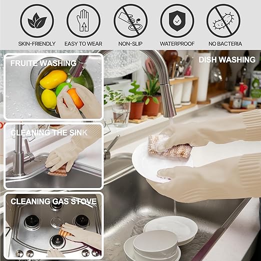 Reusable Waterproof Household Dishwashing Cleaning Rubber Gloves, Non-Slip Kitchen Glove (Ivory, Large (Pack of 3))