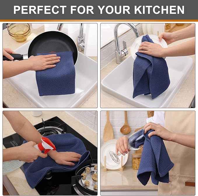 Kitinjoy 100% Cotton Waffle Weave Kitchen Hand Towels (13 X 28 Inches, Navy Blue), 6-Pack Super Soft and Absorbent Dish Towel for Drying Dishes