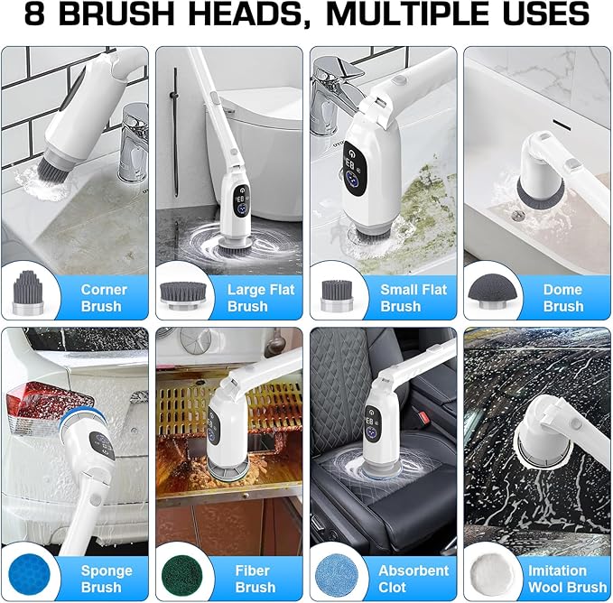 Electric Spin Scrubber, 200Mins Runtime Bathroom Scrubber with 3-Speed & LCD Display, 53IN Extendable Handle, Full-Body IPX7 Shower Scrubber with 8 Heads for Bathtub Kitchen Floor Grout