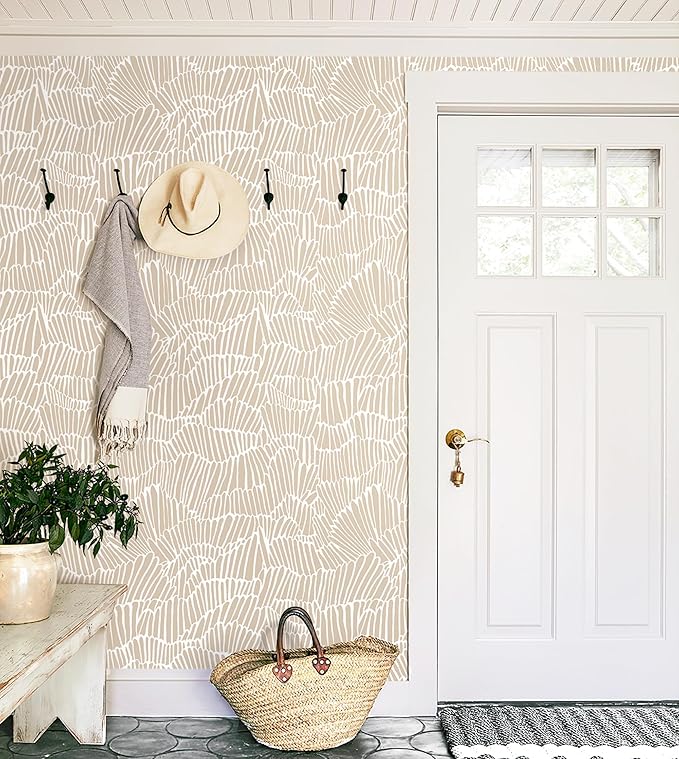 Guvana Beige Peel and Stick Wallpaper Boho Beige and White Contact Paper Modern Striped Self Adhesive Waterproof Wall Paper for Bathroom Bedroom Decor Removable Temporary Rv Wallpaper Roll 17.3"×590"