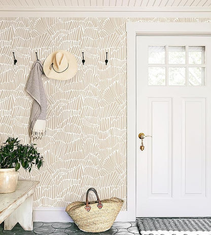 Guvana Beige Peel and Stick Wallpaper Boho Beige and White Contact Paper Modern Striped Self Adhesive Waterproof Wall Paper for Bathroom Bedroom Decor Removable Temporary Rv Wallpaper Roll 17.3"×787"