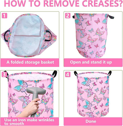Round Pink Butterfly Laundry Basket Storage Bins Nursery Hamper Gift Baskets for Home,Office,Home Decor