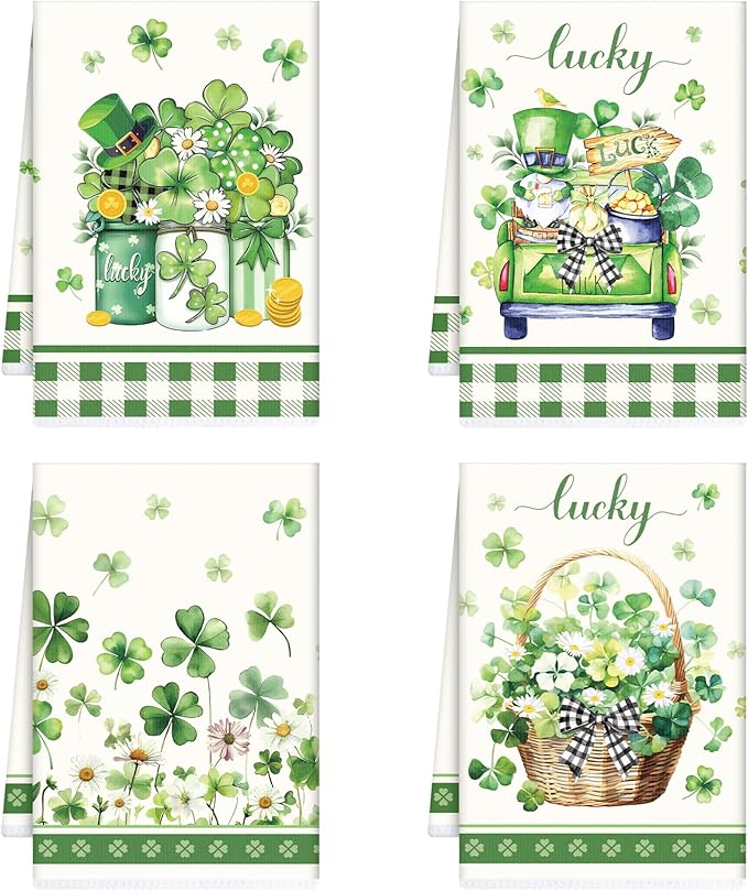 St Patricks Day Kitchen Towels, 4PCS Clover Floral Basket Dish Towels Gifts for Cooking Cleaning, Shamrock Absorbent Tea Towel with Hanging Loop for Home Decor(16 X 24 Inches)