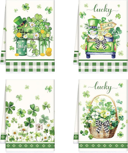 St Patricks Day Kitchen Towels, 4PCS Clover Floral Basket Dish Towels Gifts for Cooking Cleaning, Shamrock Absorbent Tea Towel with Hanging Loop for Home Decor(16 X 24 Inches)