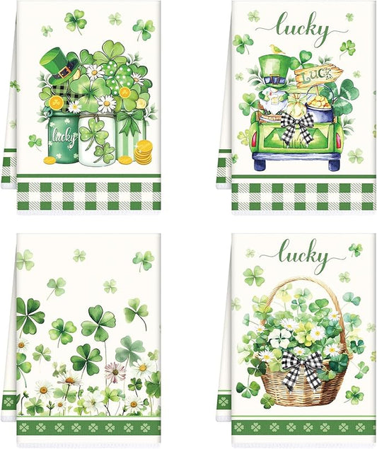 St Patricks Day Kitchen Towels, 4PCS Clover Floral Basket Dish Towels Gifts for Cooking Cleaning, Shamrock Absorbent Tea Towel with Hanging Loop for Home Decor(16 X 24 Inches)