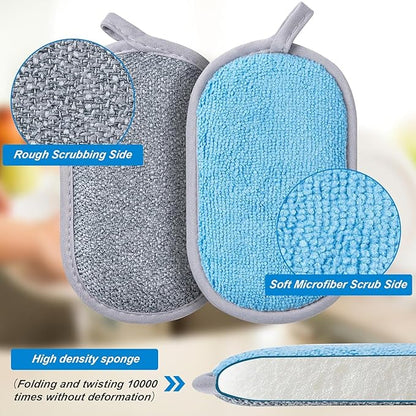 Dual-Sided Multi-Purpose Scrub Sponges, Non-Scratch Dishwashing Sponges for Kitchen, Reusable Microfiber Sponge for Efficiently Cleaning Dishes, High Density Sponge Inside (6 Pack, Medium 3 Color)