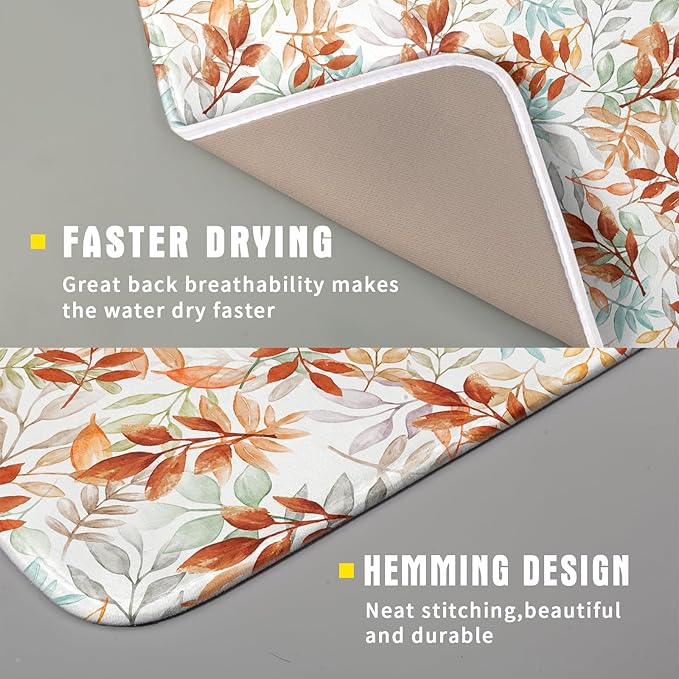 Fall Dish Drying Mat for Kitchen Counter 16x18 Burnt Orange Leaves Autumn Harvest Theme Thanksgiving Absorbent Reversible Microfiber Drying Mats Kitchen Countertop Protector Dishes Drainer Pad