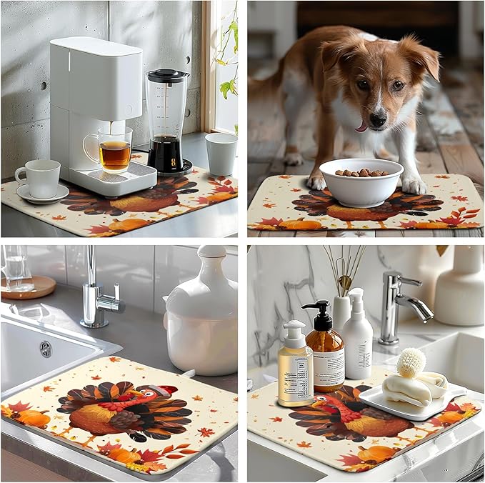 Thankgiving Dish Drying Mat for Kitchen Counter 16x18 Inch Fall Orange Turkey Maple Leaf Pumpkin Absorbent Microfiber Dish Rack Mat Autumn Thankgiving Dish Drying Pad for Coffee Bar Sink