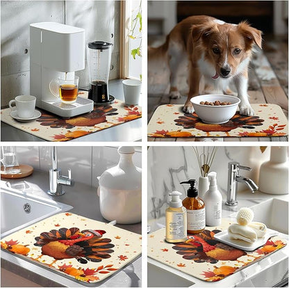 Thankgiving Dish Drying Mat for Kitchen Counter 16x18 Inch Fall Orange Turkey Maple Leaf Pumpkin Absorbent Microfiber Dish Rack Mat Autumn Thankgiving Dish Drying Pad for Coffee Bar Sink