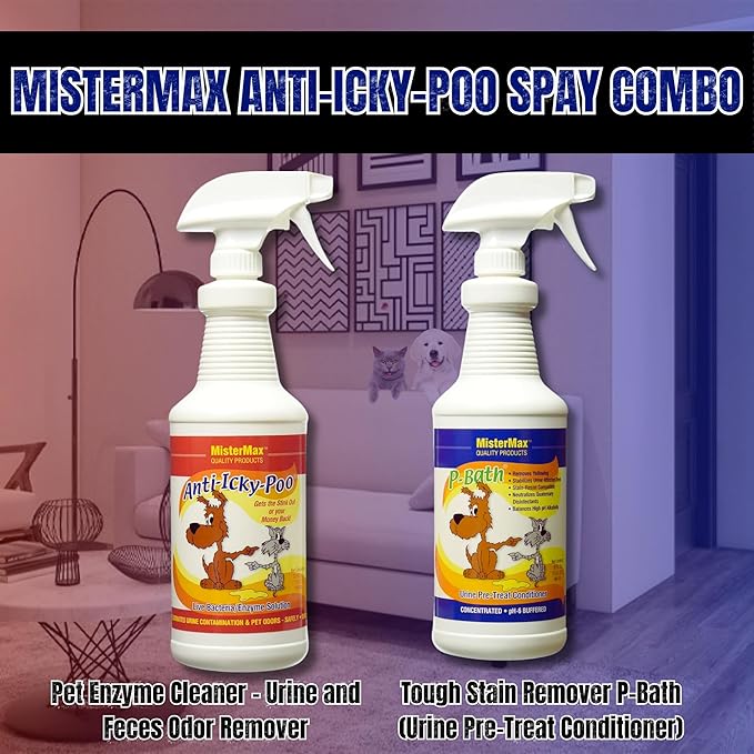 Mister Max Anti Icky Poo Enzyme Cleaner Spray Combo - Pet Urine Odor Remover & Tough Stain Remover with P-Bath (Urine Pre-Treat Conditioner)