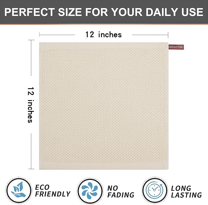 Kitinjoy 100% Cotton Kitchen Dish Cloths 8 Pack, Waffle Weave Ultra Soft Absorbent Dish Towels for Drying Dishes Quick Drying Kitchen Towels Dish Rags (12 X 12 Inches, Beige)