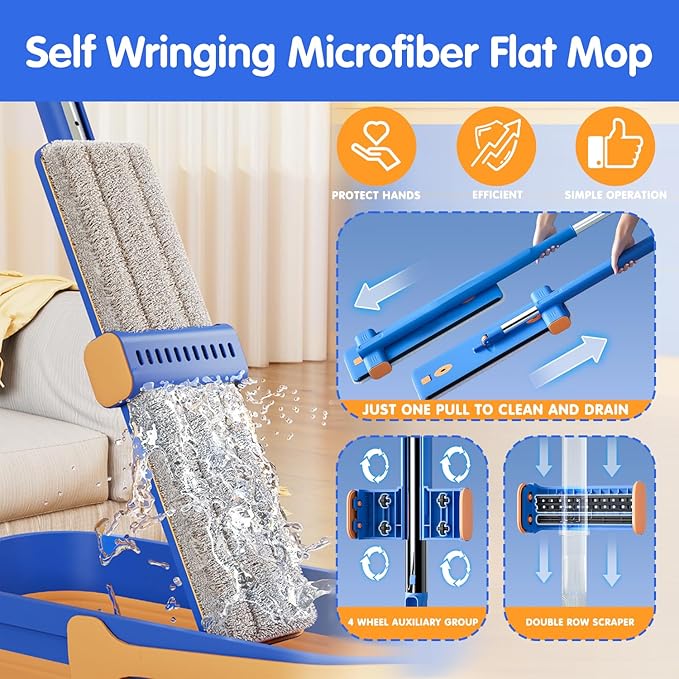 16.5" Self Wringing Flat Mop and Bucket Set, 55" Long Handle Microfiber Mop for Floor and Wall Cleaning, Hands-Free Wet & Dry Mop with Squeegee, 5 Replacement Pads & Collapsible Bucket