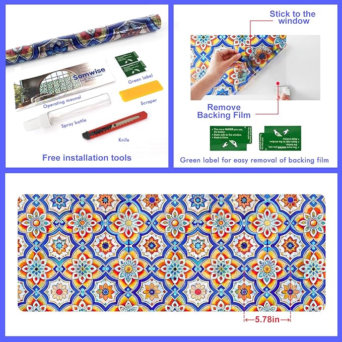 Rainbow Window Privacy Film,Heat Control,UV Blocking,Anti-Glare,Day & Night Privacy Protection & Decoration for Home, Bathroom,Glass Door,Static Cling,Renter-Friendly with Installation Tools