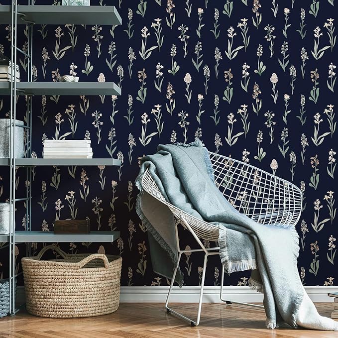 Wudnaye Dark Blue Peel and Stick Wallpaper Dark Floral Contact Paper 16.9in×118.1in Self Adhesive Flower and Leaf Contact Paper Blue Wallpaper White Vintage Removable Waterproof for Bathroom Room Wall