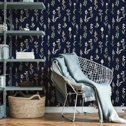 Wudnaye Dark Blue Peel and Stick Wallpaper Dark Floral Contact Paper 16.9in×118.1in Self Adhesive Flower and Leaf Contact Paper Blue Wallpaper White Vintage Removable Waterproof for Bathroom Room Wall