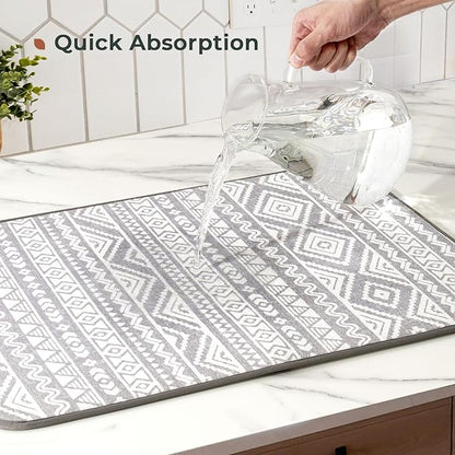 FRESHMINT Printed Dish Drying Mats for Kitchen Counter 2 Pack Absorbent Reversible Drying Mats Microfiber Kitchen Countertop Protector Dishes Drying Pad Extra Large 18"x16" Dish Mat