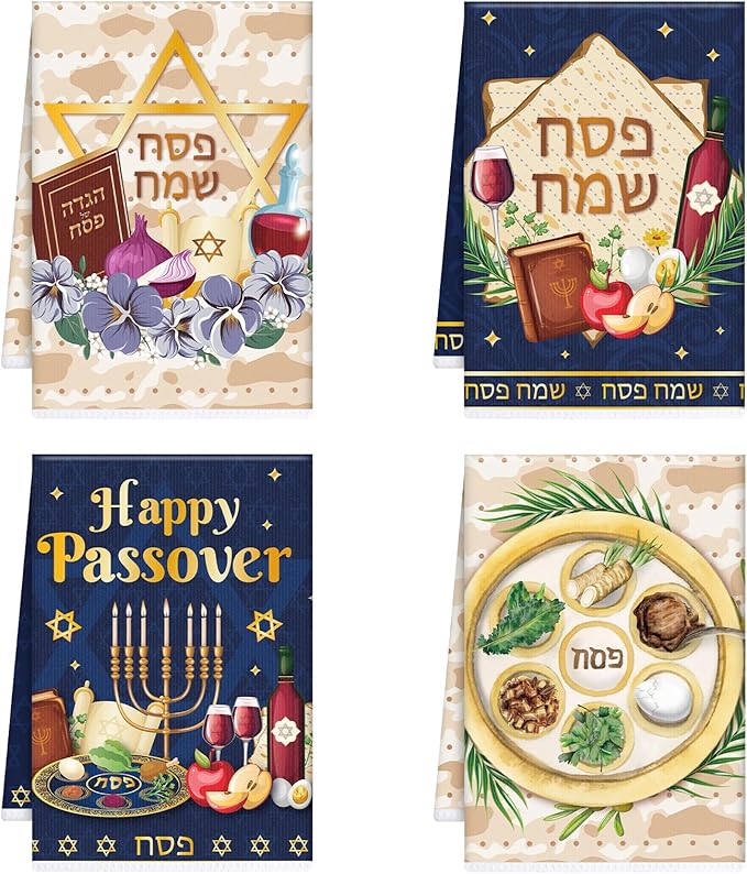 Passover Kitchen Towels Decor, Dish Towels Gifts for Cooking Cleaning Set of 4, Jewish Holiday Hand Towels with Hanging Loop for Bathroom Home