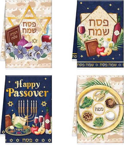 Passover Kitchen Towels Decor, Dish Towels Gifts for Cooking Cleaning Set of 4, Jewish Holiday Hand Towels with Hanging Loop for Bathroom Home