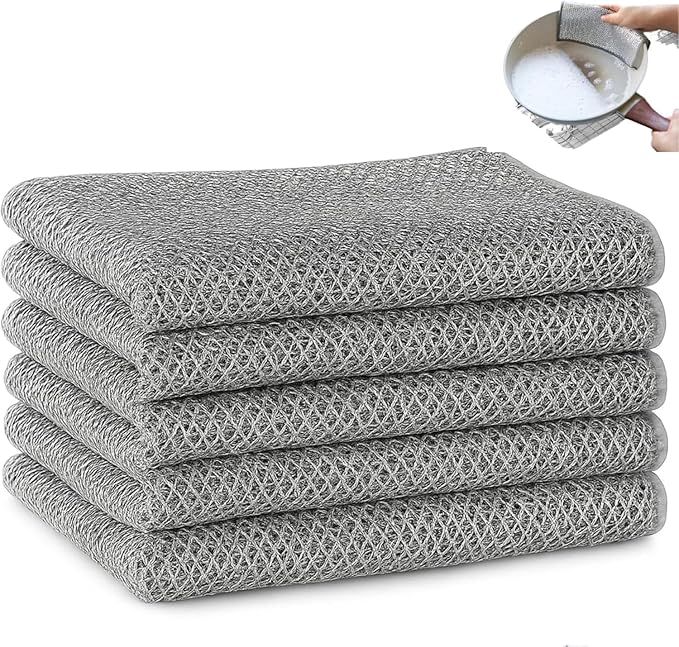 Multipurpose Wire Dishwashing Rags - 5Pcs Non Scratch Wire Dishcloths | Double Layered Microfiber Cleaning Cloths | Reusable Steel Metal Wire Cloth Mesh Miracle Cleaning Cloths for Home and Kitchen