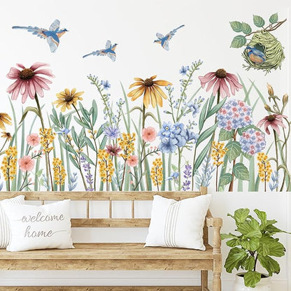 Wildflower Grass Daisy Wall Decals, Garden Floral Birds Flower Wall Stickers, BWCXXZH Self-Adhesive Wall Art Stickers for Girls Bedroom Living Room Nursery Decor