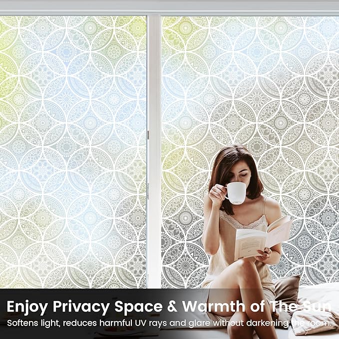 DKTIE Bohemian Decor Stained Glass Window Film with Installation Tools, Two-Way Window Privacy Film, Reduce Glare, Pure White, 35.4 x 78.7 Inch