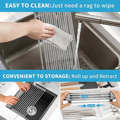 Expandable Roll-UP Dish Drying Rack-Large 304 Stainless Steel Dish Drainer Over The Sink for Kitchen Countertop,Extendable & Rollable & Food Grade (Silver,22.08'x 13.2')
