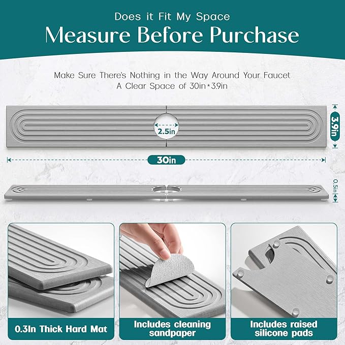 eormoe 30 inch Kitchen Faucet Absorbent Mat - Diatomaceous Earth Splash Guard for Sink Faucet, Aesthetic Water Absorbing Stone Tray in The Modern Home(Grey, 30" x 3.9")