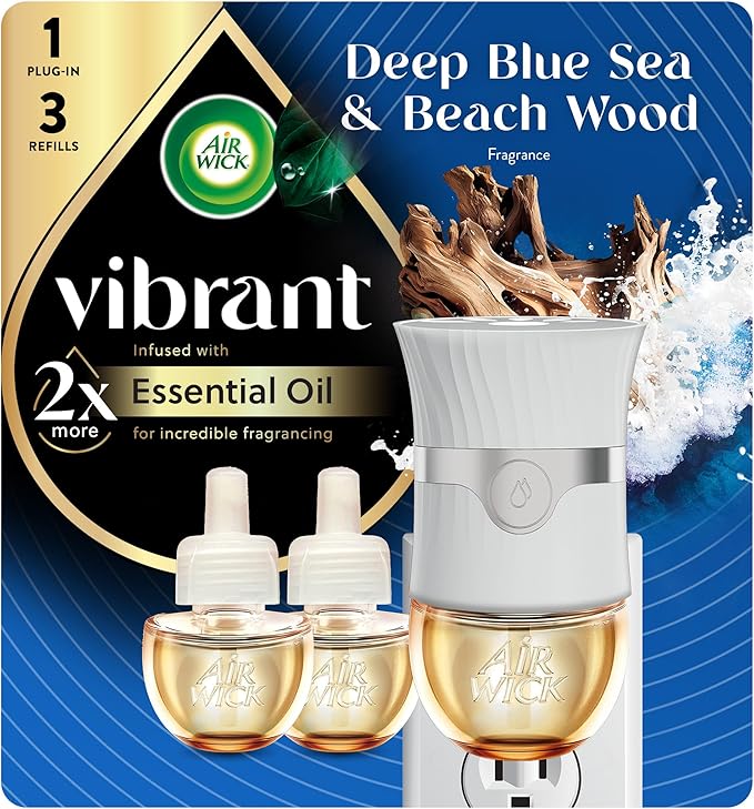 Air Wick Vibrant Plug In Scented Oil Warmer + Refills, Infused with Essential Oils, Plug In Air Fresheners for Home, Deep Blue Sea & Beach Wood, Gadget + 3 ct