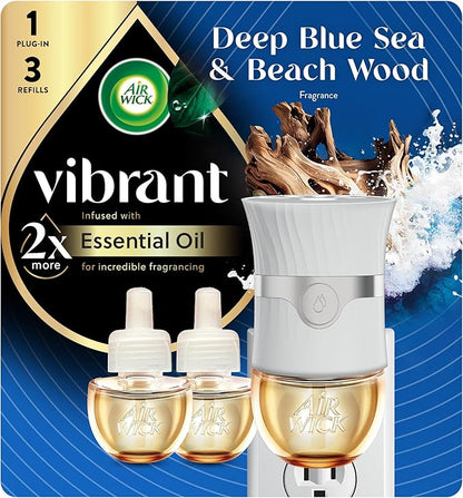 Air Wick Vibrant Plug In Scented Oil Warmer + Refills, Infused with Essential Oils, Plug In Air Fresheners for Home, Deep Blue Sea & Beach Wood, Gadget + 3 ct