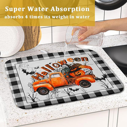 Holiday Truck Dish Drying Mat - Orange Holiday Absorbent Microfiber Dish Drying Pad for Kitchen Counter