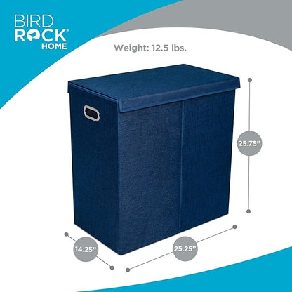 BIRDROCK HOME Laundry Hamper with Lid | Removable Bags for Sorting Clothes | Sectioned Laundry Basket for Bedroom & Bathroom | Collapsible Storage Bin with Cover | Double, Navy