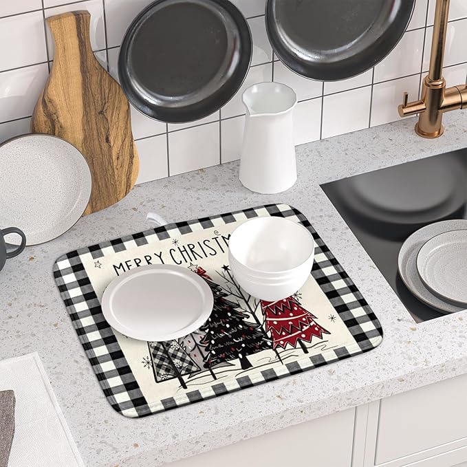 Merry Christmas Tree Dish Drying Mat for Kitchen Counter 16x18 Inch Black Red Grey Xmas Plaid Print Absorbent Reversible Microfiber Drying Mats Kitchen Countertop Protector Dishes Drainer Rack Pad