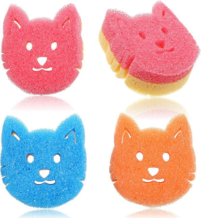 3 Pcs Cat Scrub Sponge Dual Sided Multi Functional Cute Dish Scrubber Non Scratch Cleaning Pads Temperature Sensitive Sponge for Washing Dishes Kitchen Household Bathroom