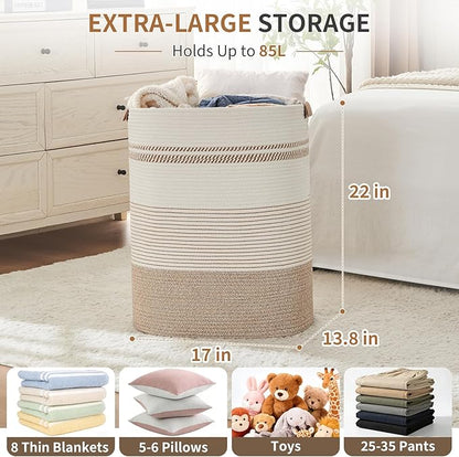 Laundry Basket with Handles - Blanket Basket & Hampers for Bedroom Aesthetic, Laundry Hamper & Blanket Storage for Living Room, Clothes Hamper, Tall, Large 17" x 14" x 22”, Light Brown & White