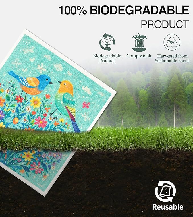 10 PCS Birds Print Swedish Dishcloths for Kitchen 100% Biodegradabl, Reusable Cellulose Sponge Cloth, Ultra Absorbent, Eco Friendly Cleaning Towels | Dishcloths for Washing Dishes & General Cleaning