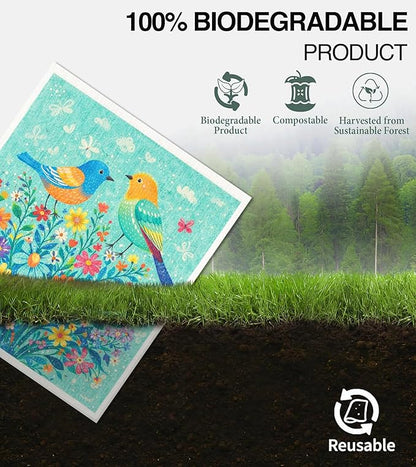 10 PCS Birds Print Swedish Dishcloths for Kitchen 100% Biodegradabl, Reusable Cellulose Sponge Cloth, Ultra Absorbent, Eco Friendly Cleaning Towels | Dishcloths for Washing Dishes & General Cleaning