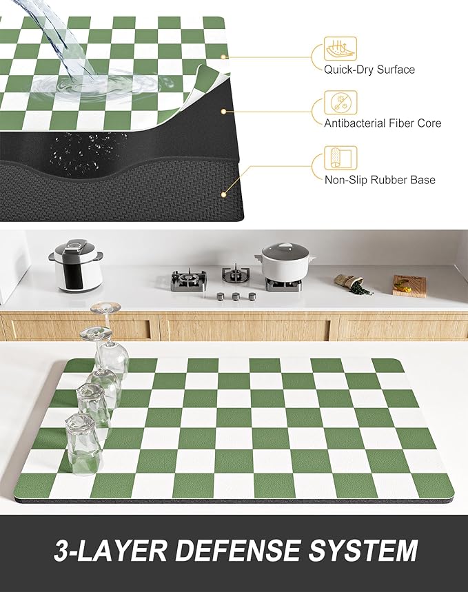 Rnivvi Dish Drying Mat for Kitchen Counter, 12 x 19" Cute Checkered Absorbent Draining Pad, Non-Slip Heat Resistant Coffee Bar Mats for Coffee Machine Station Accessories, Green White Dish Rack Pad