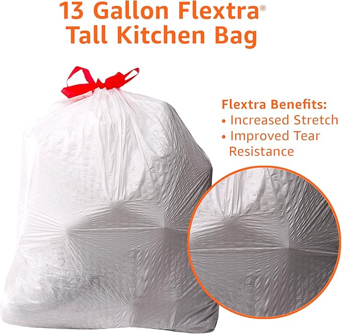 Amazon Basics 13 Gallon Tall Kitchen Drawstring Trash Bags, Flextra Strength, Clean Fresh Scent, Tear Resistant, 10% Post-Consumer Recycled Content, 50 Count