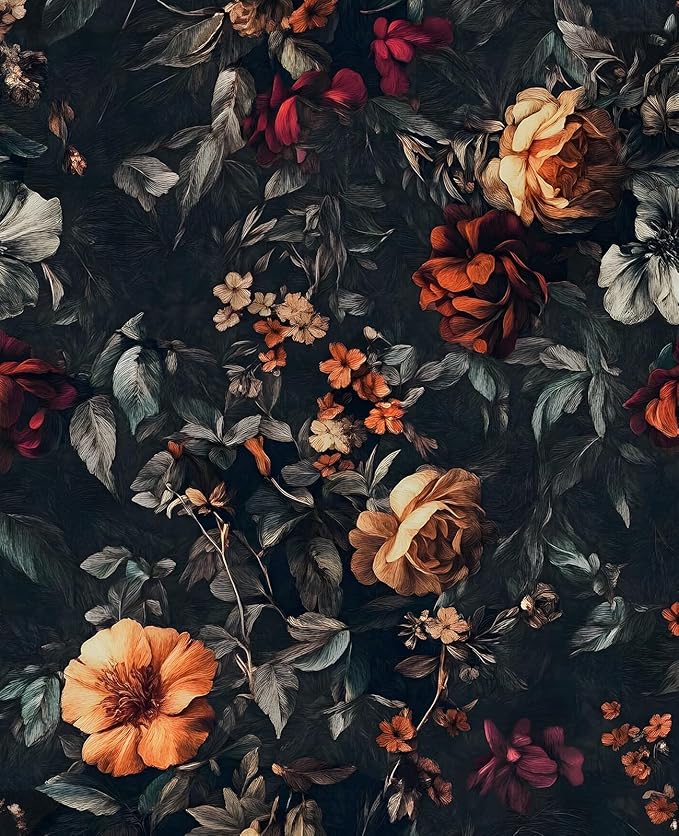 Extra Long Vintage Dark Floral Wallpaper, 17.5In x 393In Moody Black Garden Flower Design Self-Adhesive Removable Wall Paper for Bedroom Stairwell Vinyl Contact Paper Wall Art Decor