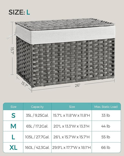 SONGMICS Storage Basket with Lid, Woven Blanket Storage Bin with Handles, Foldable, Removable Liner, Metal Frame, for Bedroom, Laundry Room, 27.7 Gallons (105 L), Gray URST066G01