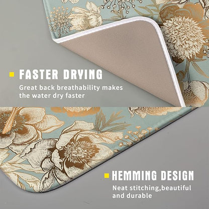 Retro Flower Bird Dish Drying Pad 16 x 18 Inch With Absorbent Reversible Microfiber Vintage Blue Gold Floral Drying Mats Dish Drainer Mat Fast Dry For Kitchen Dining Room Decoration