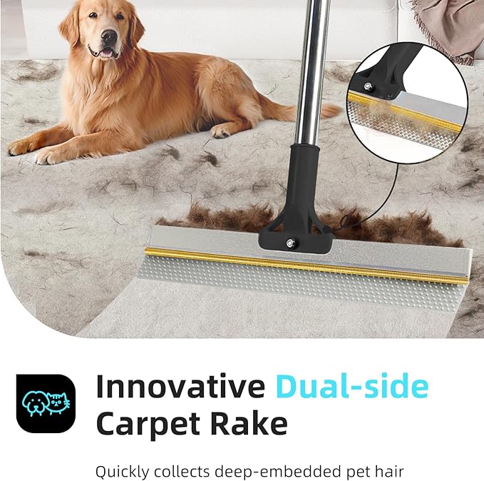 Carpet Rake for Pet Hair Removal - Upgraded 2-in-1 Carpet Broom with Copper Scraper & TPU Brush, 54’’ Adjustable Long Handle Reusable Cat Dog Hair Remover Tool for Deep Cleaning Rugs, Mats (Black)