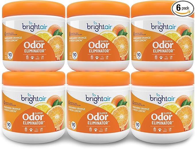 Bright Air 14 oz. Super Odor Eliminator, For Medium-Size Spaces, Mandarin Orange and Fresh Lemon Scent, Case of 6, Air Freshener, Natural Essential Oils, Lasts Up to 90 Days Each
