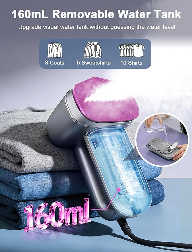 Travel Steamer for Clothes,Handheld Steamer for Clothes,2 in 1 steamer and iron,160ml Large Water Tank Portable Steamer for Clothes,6 Steam Mode&Dual-Layer Heated Steam Plate,120V for Home,Office