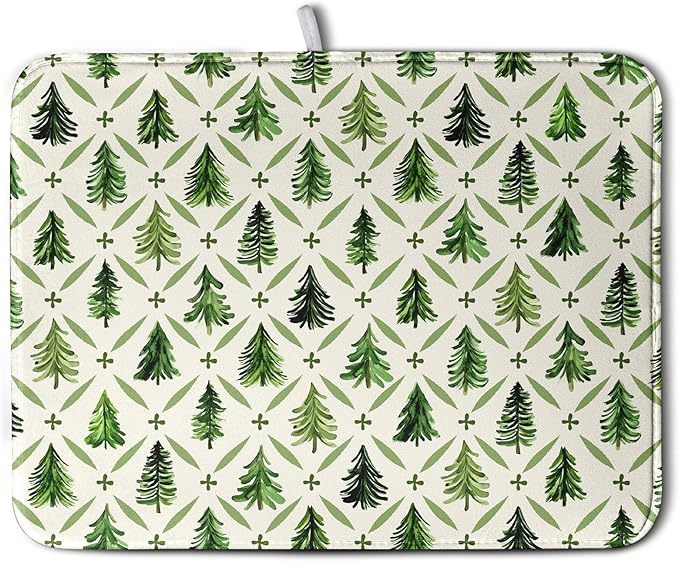 Christmas Dish Drying Mat for Kitchen Counter 18x24 Inch Sage Green Xmas Tree Drying Pad Winter Holiday Dish Draining Mat Microfiber Absorbent Dish Drainer Rack Mat for Coffee Bar