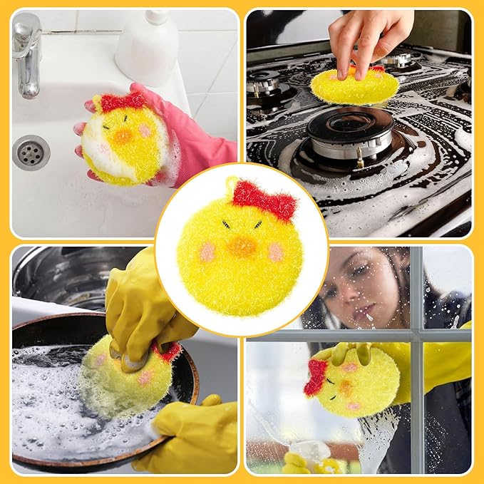 Breling 6 Pieces Chick Shape Dish Sponge Dual Sided Non Scratch Dish Washing Scrubbers, Reusable Household Cleaning Kitchen Tools for Dishwashing Washing Dishes Cookware