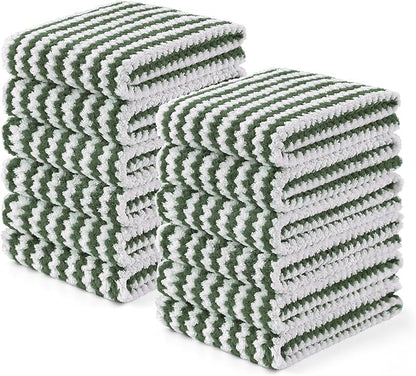 Homaxy Kitchen Towels(12 Pack, 10 x 20 inches), Ultra Soft and Absorbent Dish Towels, Reusable Fast Drying Microfiber Cleaning Cloth, Coral Velvet Wave Design No-lint, Grass Green