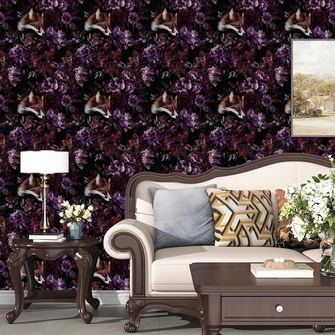 Fox Floral Animal Wallpaper Peel and Stick, Dark Purple/Red Goth Contact Paper, Black Vintage Gothic Wall Paper Self Adhesive Removable Waterproof for Bedroom Shelf Cabinet Drawer Table 17.5" x 118"